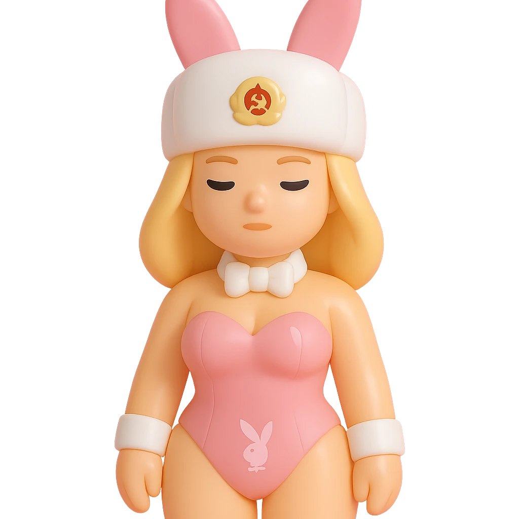 woman in pink PlayBoy Bunny outfit, white ushanka hat with Russian emblem emoji
