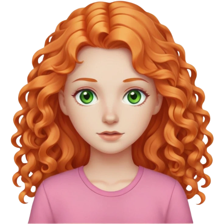 white pale girl with long curly orange hair, green eyes, pink shirt emoji