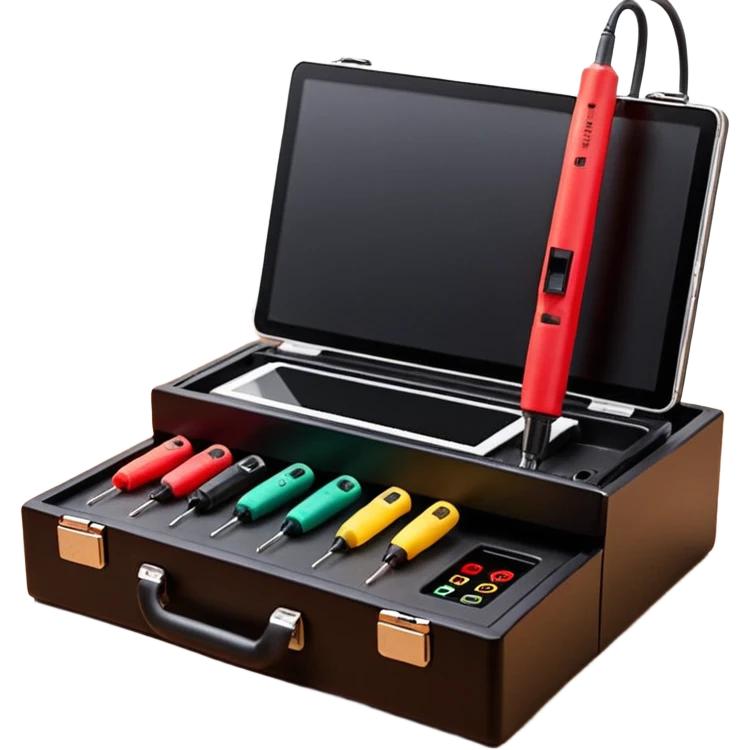 Open professional black testing case on wooden desk. Interior: control panel with colored sockets, USB ports, and power outlet. Inside: a roll of white QR-code calibration stickers. Hand using a red test probe.  emoji