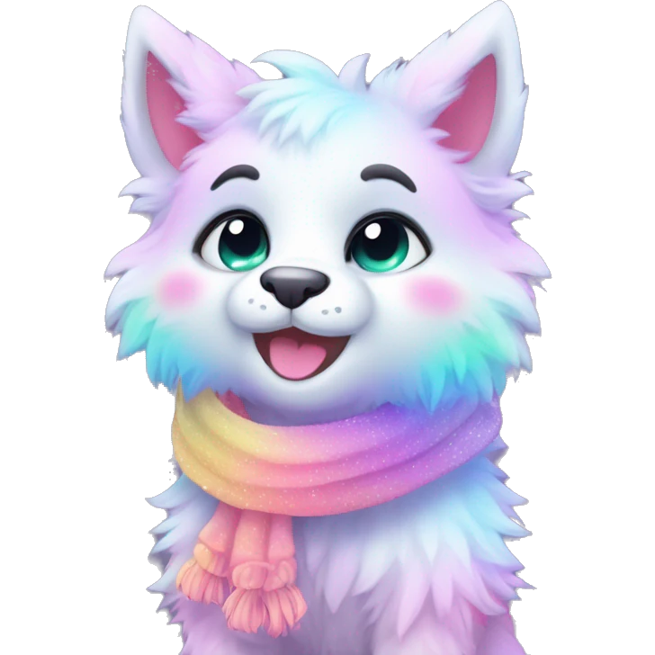 Edgy Kawaii cute cool gorgeous colorful sparkly bright light pastel gradient fantasy ethereal fluffy fursona animal creature with a cute scarf full body emoji