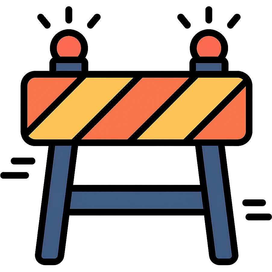colorful outlined construction sign with dynamic elements like flashing lights or moving stripes emoji
