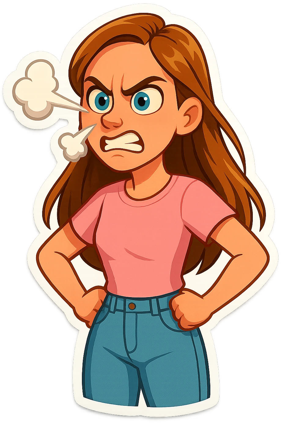 3D cartoon sticker, DreamWorks style of a 30-year-old woman with long light brown hair below shoulder blades, fair skin, large expressive blue eyes, slight bump on nose, wearing a pastel pink t-shirt and light blue mom jeans, angry with steam from nose, soft light, white sticker outline emoji