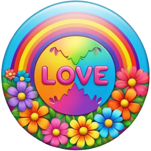 A round psychedelic colored button that says love with rainbow colored hippie style flowers emoji