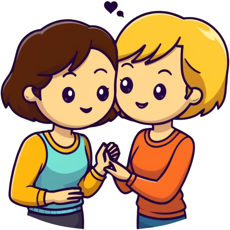 Two women flirting, one with short brown hair and the other with long blonde hair emoji