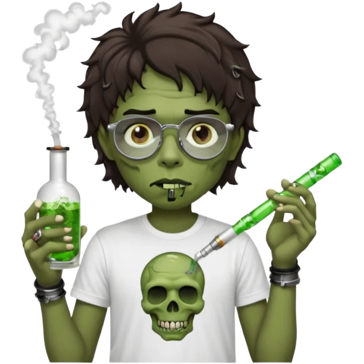brown short wavy haired zombie getting stoned with weed t shirt and bong on his hand and wearing black chrome hearts bifocals emoji