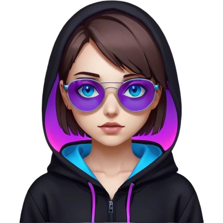 
girl with brown bob and blue eyes in a black hoodie and sunglasses. Cyberpunk style. Violet neon. emoji