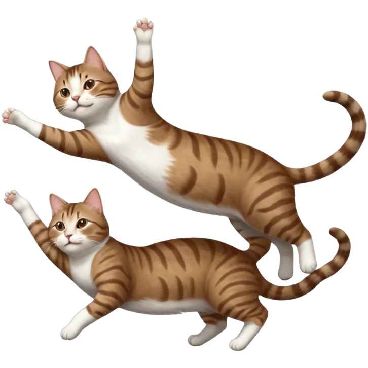 brown tabby and white cat with doing a big extremely long stretch reaching up into the air with arms and legs side by side together straight and overextended whilst lying on its side emoji