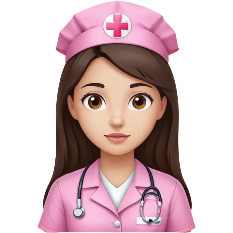 Girl with long dark brown hair and brown eyes wearing pink nurse shirt emoji