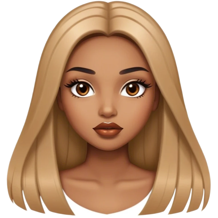 Glamourous, light brown skin tone, very beautiful girl, with big plump shiny lips, long long lashes, black straight smooth silky long hair, straight parting hair, brown eyes emoji