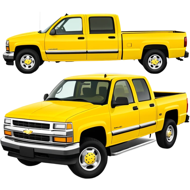 Geometric bright yellow 1997 Chevrolet Silverado C-2500 Crew Cab pickup truck, 30-degree view, clean lines, same yellow as in Kill Bill, minimalist approach, iOS emoji style emoji