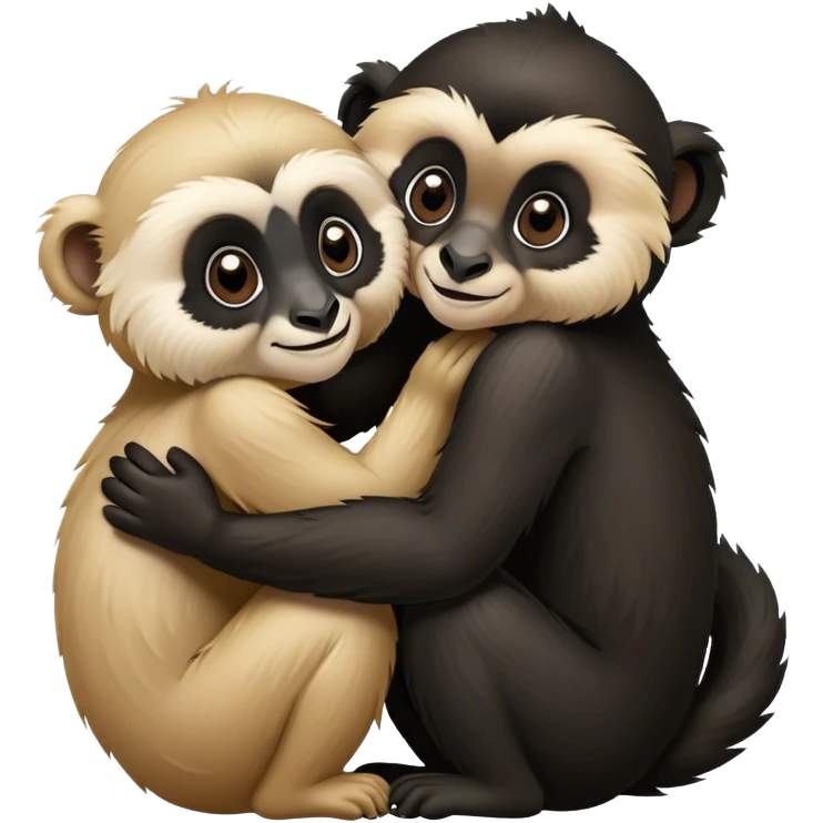 Two gibbons, one black and one tan, embracing, cute Disney-style  emoji
