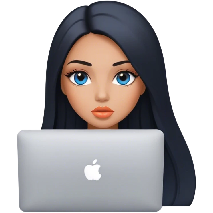 Glamours, tanned, very beautiful girl, with big pump peach lips, black straight smooth silky long hair, straight parting, blue-grey eyes with MacBook emoji