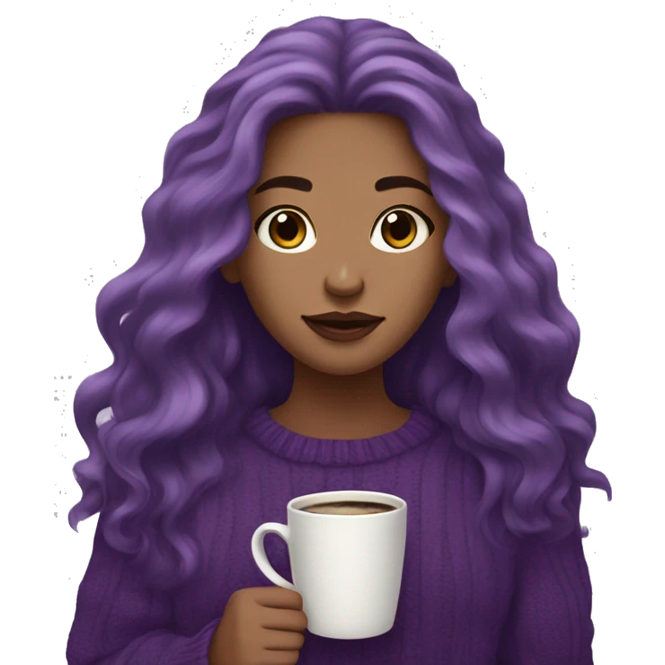 girl with long wavy purple hair holding a coffee mug with a purplish sweater- giving off a purple aesthetic emoji