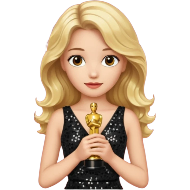 blonde model, brown eyes, long wavy hair, oscars red carpet, black sequin, holding oscar emoji