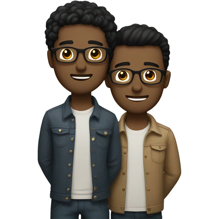 Two gay men holding each other one with black hair and glasses one with light brown hair and hazel eyes emoji