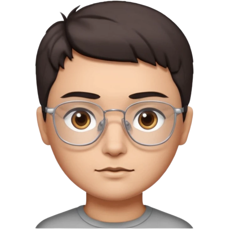 personagem com corte de cabelo Wolf cut curto, cabelo castanho escuro, olho castanho escuro, sombrancelha castanho escuro, óculos sem aro prata quadrado. emoji