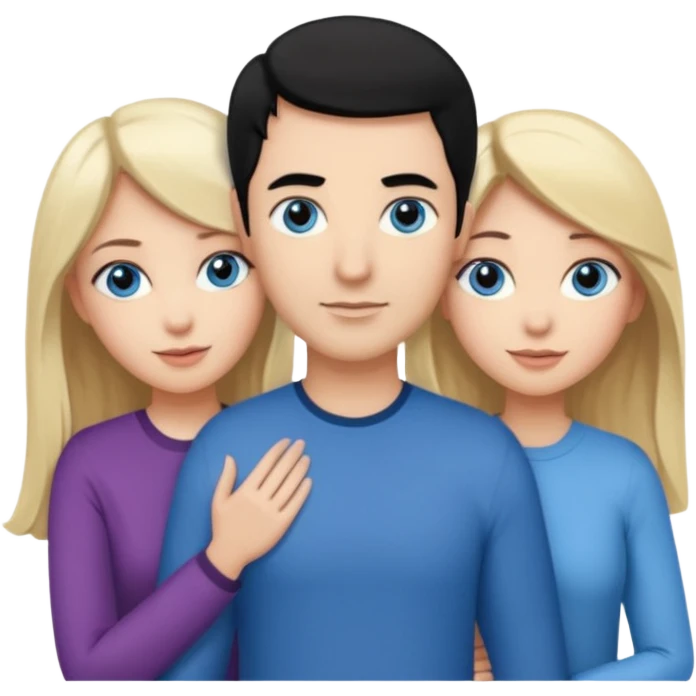3 people. Throuple. Blank woman with blond hair and blue eye color on left. a blank man with black hair and grey eye color in the middle. And a blank woman with brown hair and grey eye color on the right. Holding each other  emoji