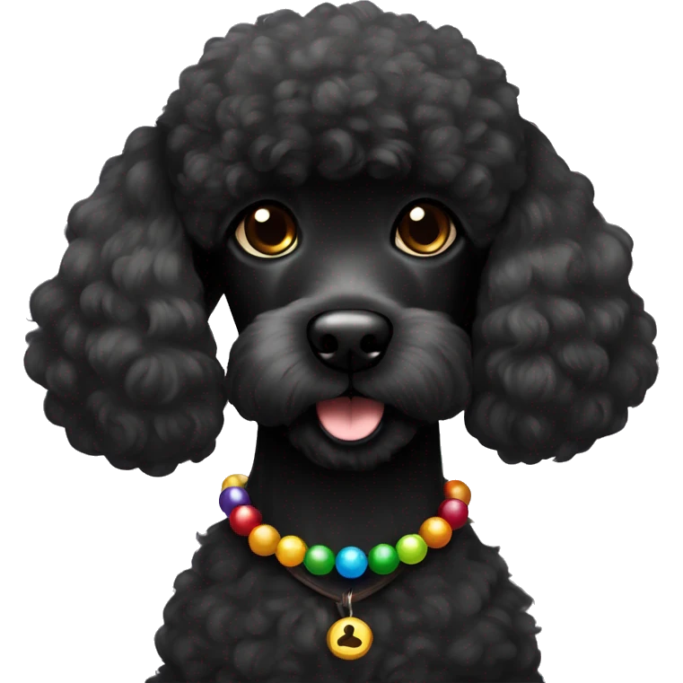 One Small furry Black Poodle with one  colorful bead necklaces with brown harness emoji