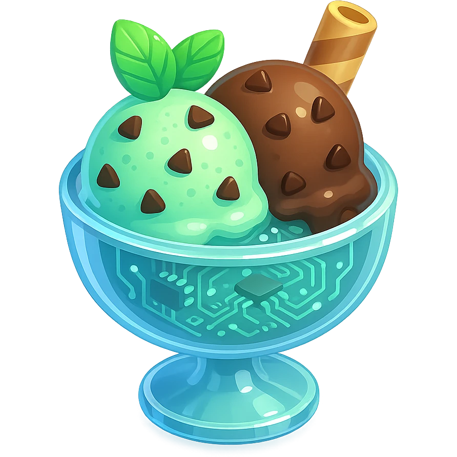 3D glossy ice cream sundae in glass bowl with mint and chocolate chip scoops, wafer stick, shiny highlights emoji