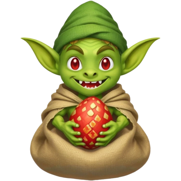 A retro pixel art goblin with a cloth sack over its back filled with dragon eggs. emoji