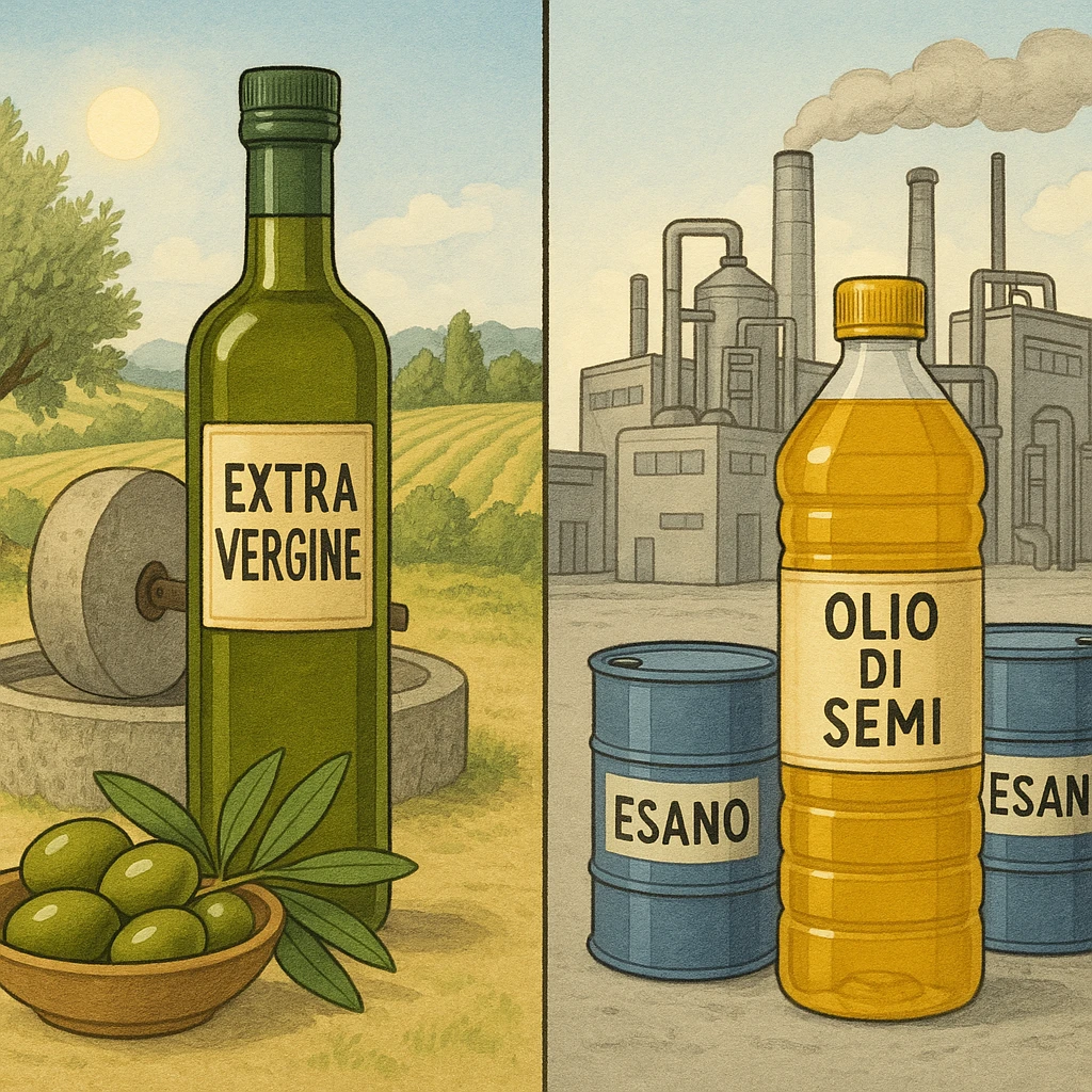 split image: left side with a green bottle labeled 'Extra Vergine', olives, a traditional stone olive mill, and sunny fields in the background; right side with a generic bottle labeled 'Olio di semi', a factory, and chemical barrels labeled 'Esano'; clear, descriptive illustrative style emoji