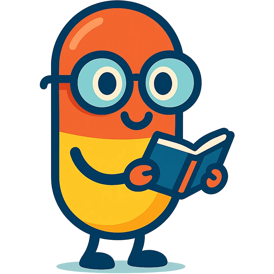 A smiling capsule pill with big round glasses, holding a tiny open book, cartoon style, vibrant colors emoji