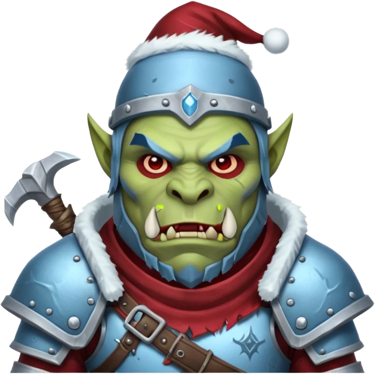 
Fantasy Christmas orc legion soldier icon, iron tundra army theme, heavy winter armor, disciplined brutal look, icy blue steel armor with deep crimson accents, frozen metal texture, cold winter atmosphere, male variant emoji