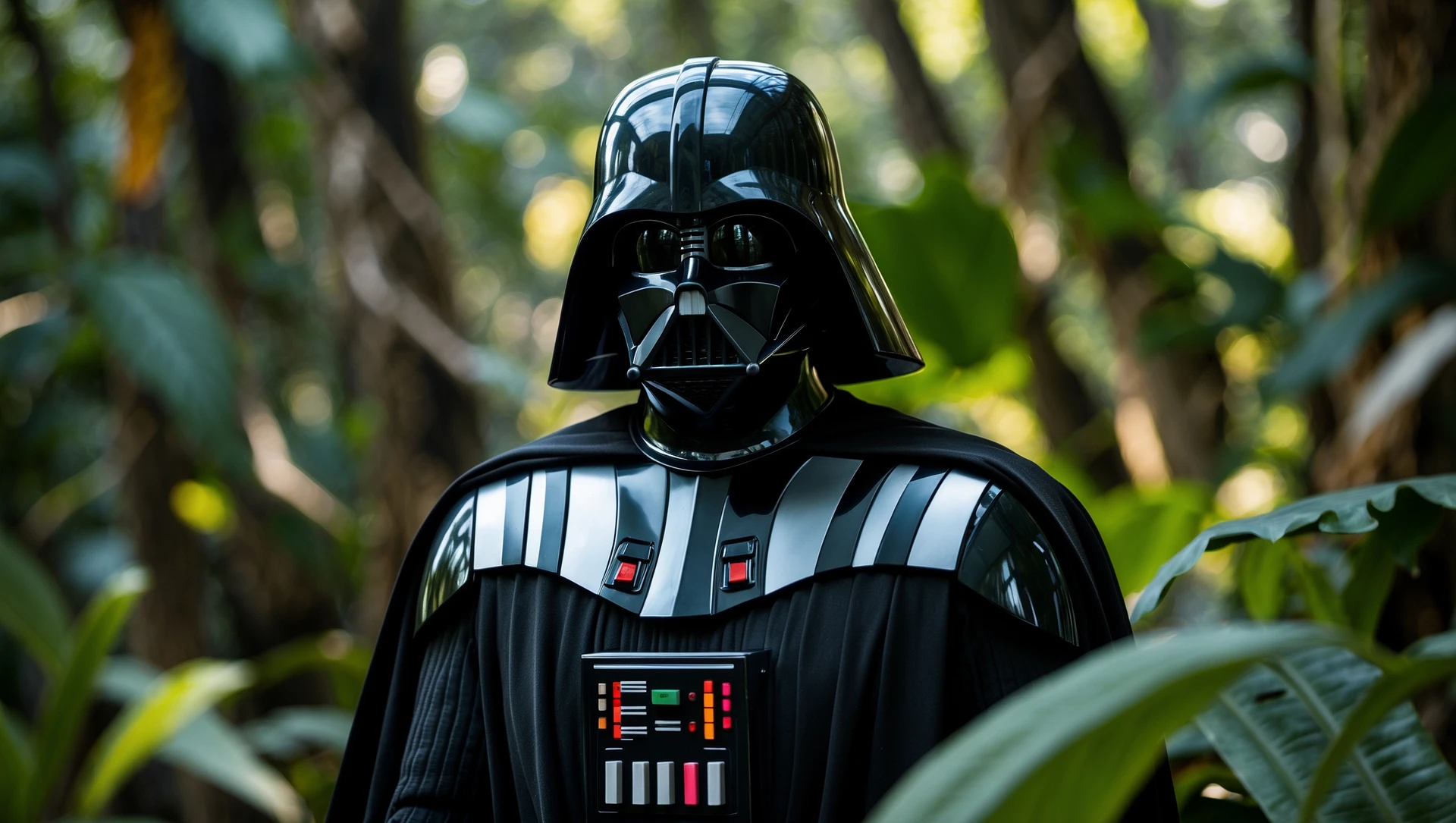 cinematic still, documentary photography, amazon jungle, well lit scene, Darth Vader is exploring the jungle, close up, front shot, rule of thirds emoji