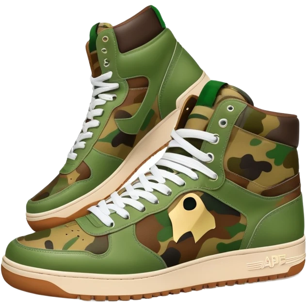Bape sneaker with classic camo pattern in green and brown colors, high top sneaker with ape logo on the side emoji