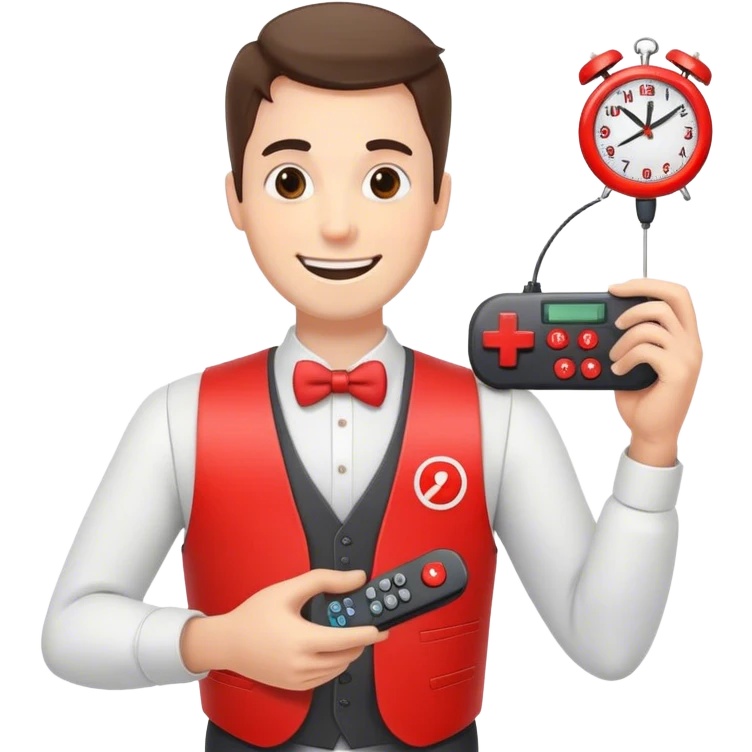Man that is smiling while holding a remote controller. The man is wearing a vest. On the vest there is a clock and there are red cylindrical objects  emoji