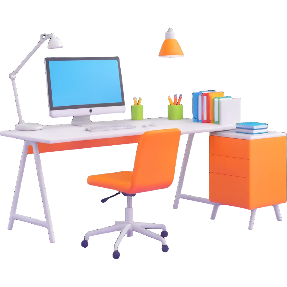 planned furniture, isometric view, office set, desk, chair, computer, bright accents emoji