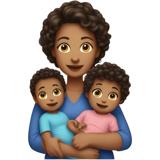 a mom with short dark brown curly hair and 2 babies one boy one girl emoji