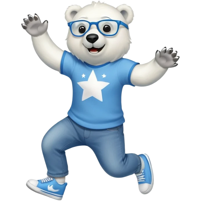 friendly anthropomorphised polar bear jumping and looking excited, wearing a shirt, jeans, trainers, star-shaped glasses emoji