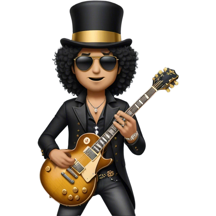Create a legendary and iconic emoji representing Slash wearing his top hat and holding his Gibson Les Paul guitar. The design should emphasize Slash's distinctive silhouette, with his wild curly hair, sunglasses, and signature black top hat. He should be depicted holding the famous Gibson Les Paul guitar, known for its smooth curves and powerful sound. Use a dark color palette with deep blacks, gold accents, and subtle details like the guitar’s iconic pickups and knobs. The background should be transparent to highlight Slash’s rockstar persona emoji