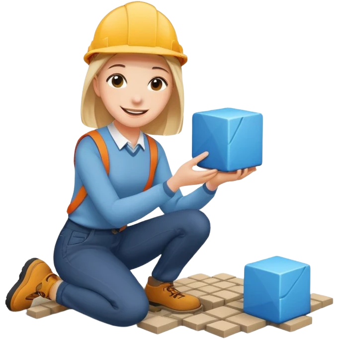 Стдуент, который аккуратно и с улыбкой ставит большой кубик на землю, словно строит фундамент. Ощущение безопасности и начала пути. emoji