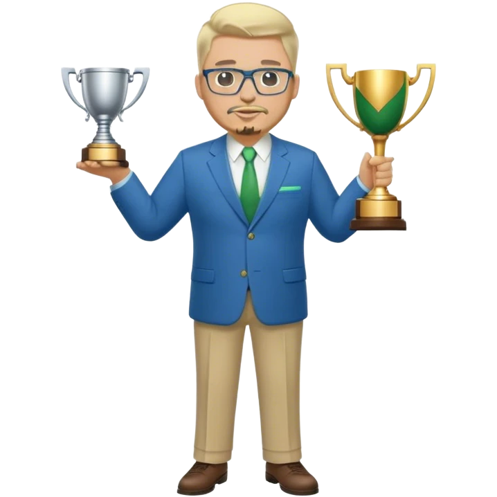 Full Body white male plus size wearing glasses with a goatee with light blonde and gray very short hair basketball head Coach in blue and green suit holding trophy emoji