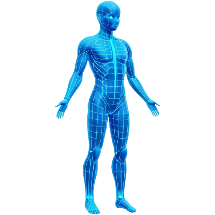 Human body silhouette with digital 3D scanning grid lines covering it, futuristic body scan emoji