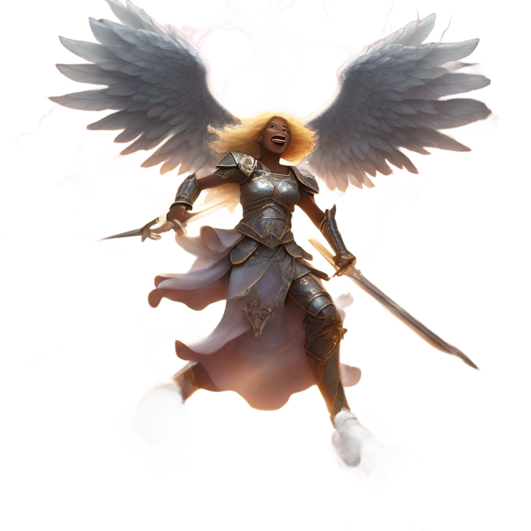 angels and demons in a lively fight mid flight with swords and armor and lightning emoji