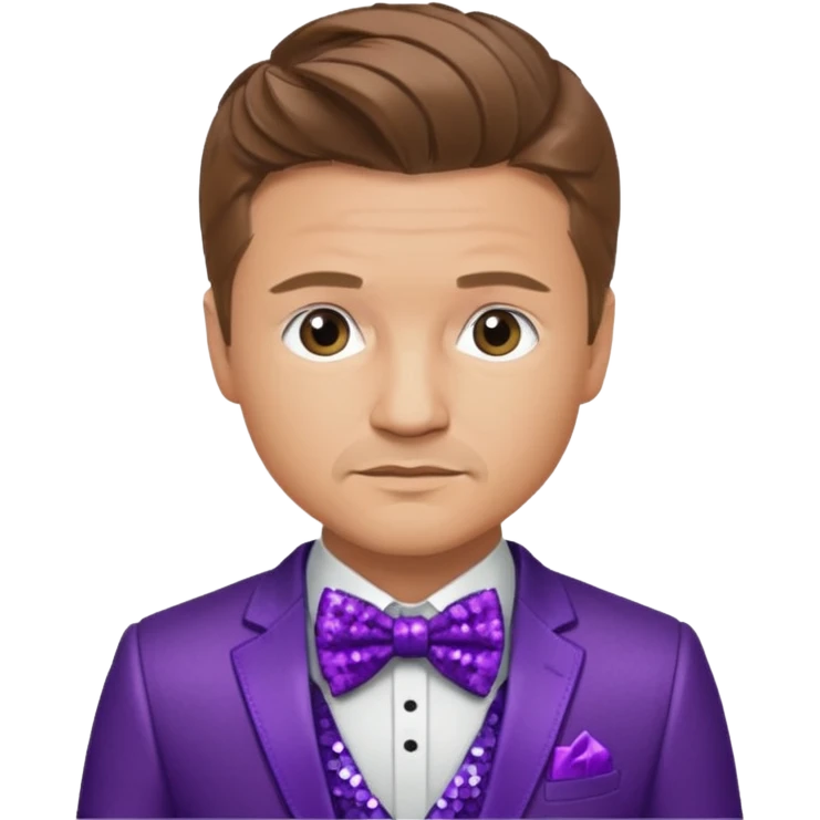 Jeremy Renner with light brown hair, purple sequin suit with bow tie emoji