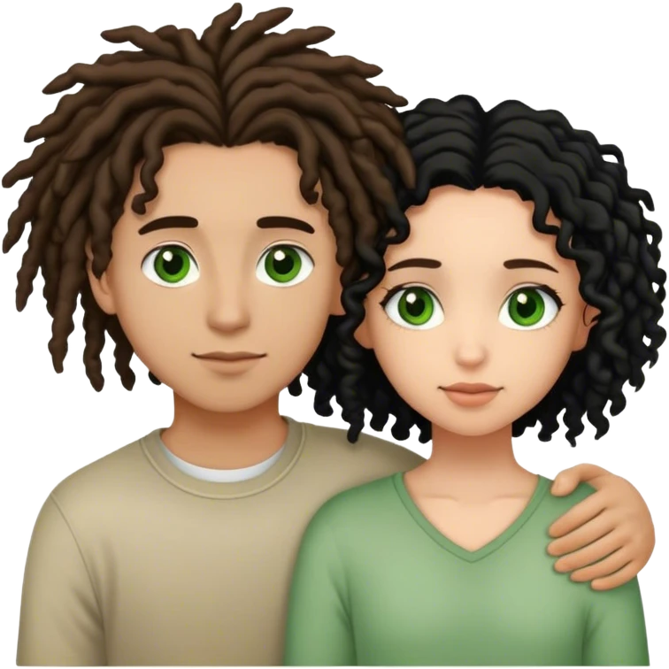 couple holding eachother. the boy is light skinned, short brown dreads, and green eyes. the girl is light skinned, curly black hair, and brown eyes. emoji