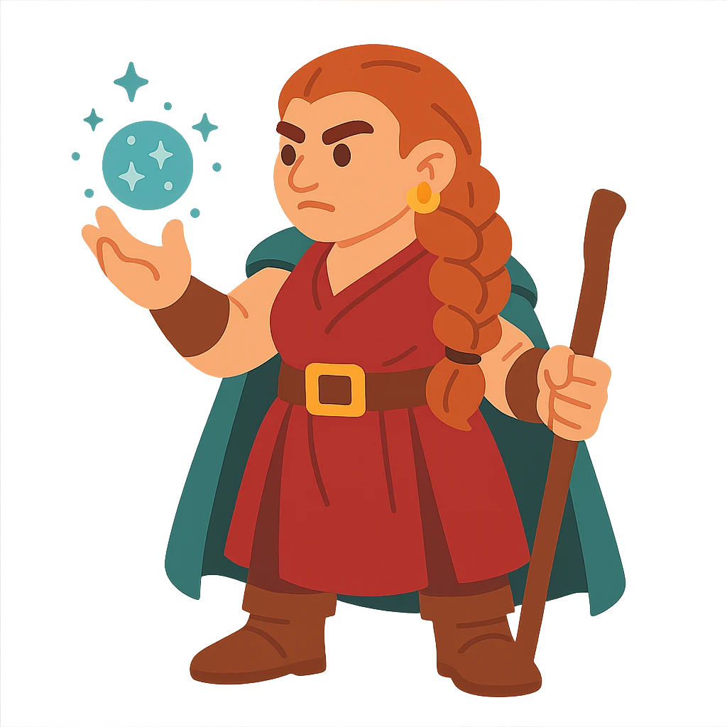 flat toon style female dwarf sorcerer from DnD, magical energy in hand emoji