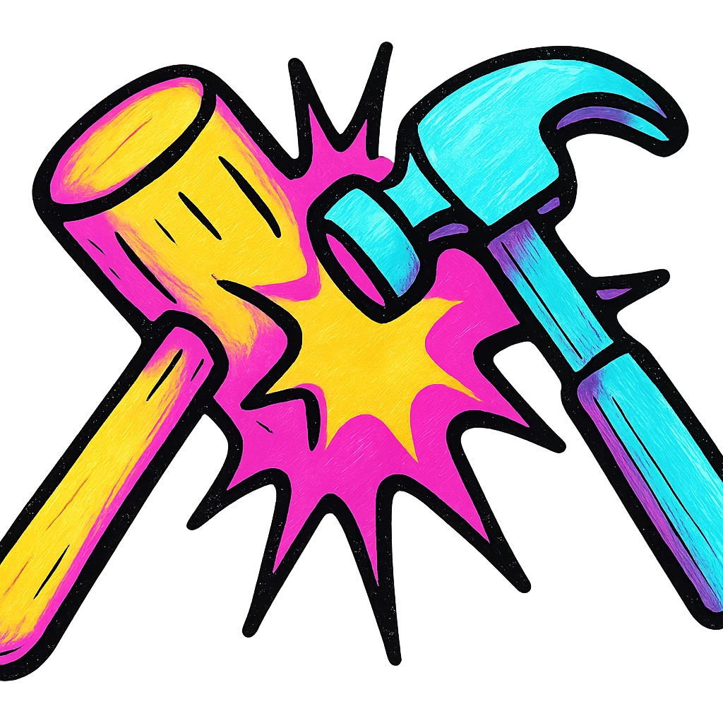top view of a wooden mallet and metal hammer crashing together, vibrant colors, exaggerated impact emoji