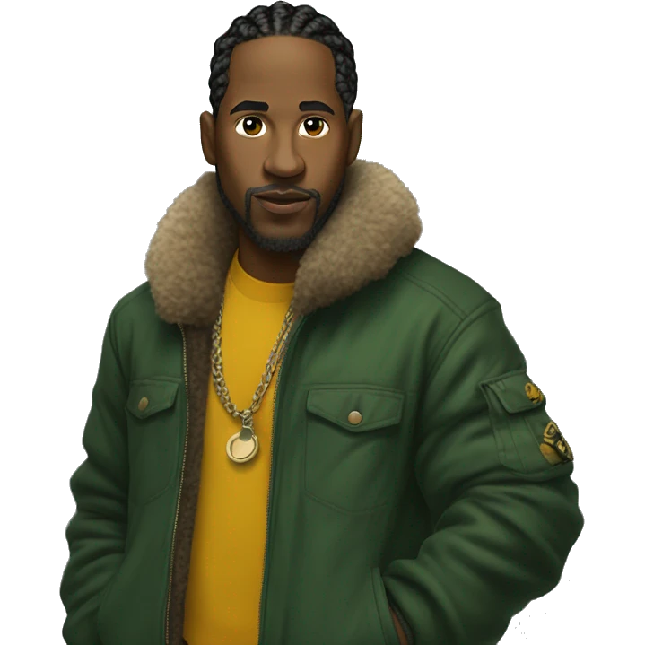 Side profile of a hip hop artist. He has braids. He has an arm extended down and is holding a mic in that hand. He's wearing a very dark green jacket. The jacket has a furry yellow mustard collar.  emoji