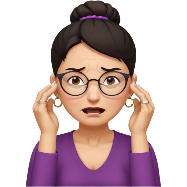  middle aged woman with dark hair pulled up in a high bun, wearing round ring earrings and glasses, expression extreme pain on her face, covering her ears with her hands very painful expression on her face, eyes squeezed shut, wincing in pain covering her ears with her hands emoji