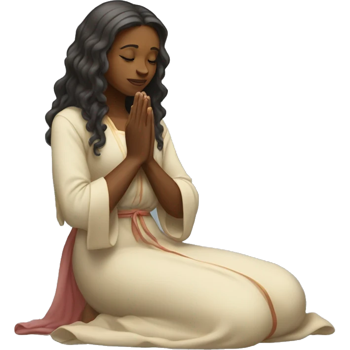 A woman kneeling praying, in a long dress, long hair emoji