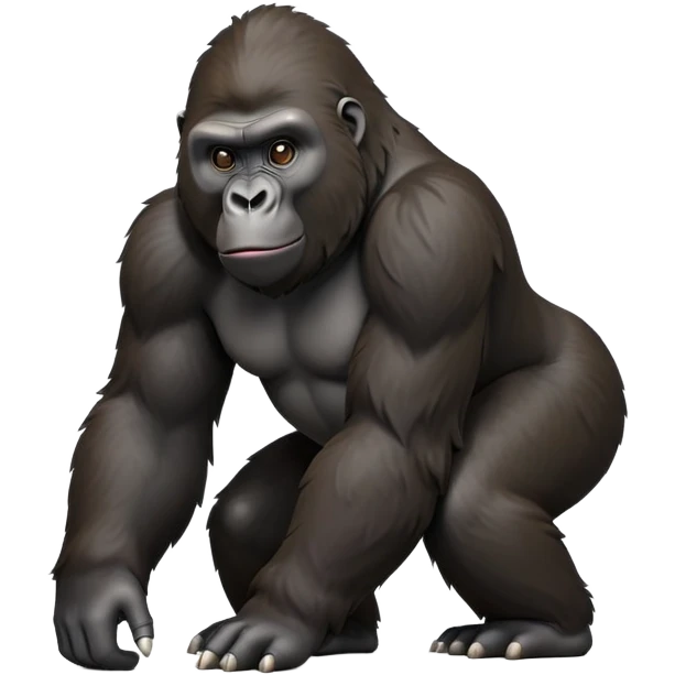 cinematic-gorilla-realistic-full-body-on-all-fours-emoji,-exuding-strength,-thick-dark-fur-in-the-light,-head-tilted-dramatically,-deep-friendly-eyes-filled-with-intense-intelligence,-simplified-yet-realistic-focused-features,-highly-detailed, zoomed out friendly  emoji