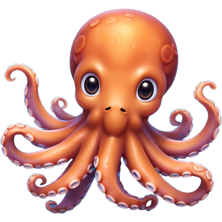 Cinematic Cute Octopus Portrait Emoji, Head tilted playfully and inquisitively, featuring a charming, rounded body with soft, shimmering skin and eight expressive, gently curling arms with playful suckers, with round, sparkling eyes full of wonder, Simplified yet irresistibly adorable features, highly detailed, glowing with a warm, inviting underwater glow, high shine, affectionate and lively, stylized with a touch of whimsical marine charm, soft glowing outline, capturing the essence of a mischievous yet loving octopus that seems as if it could float out of the screen into your arms! emoji
