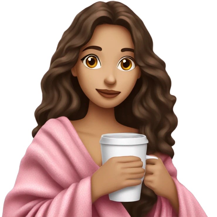 A pretty brunette girl with very long wavy hair in a pink blanket sipping coffee emoji