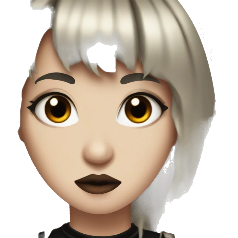 goth girl with red and black hair with bangs and snake bite piercings, brown eyes emoji