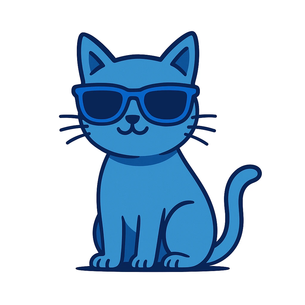 A cat wearing sunglasses in blue color emoji